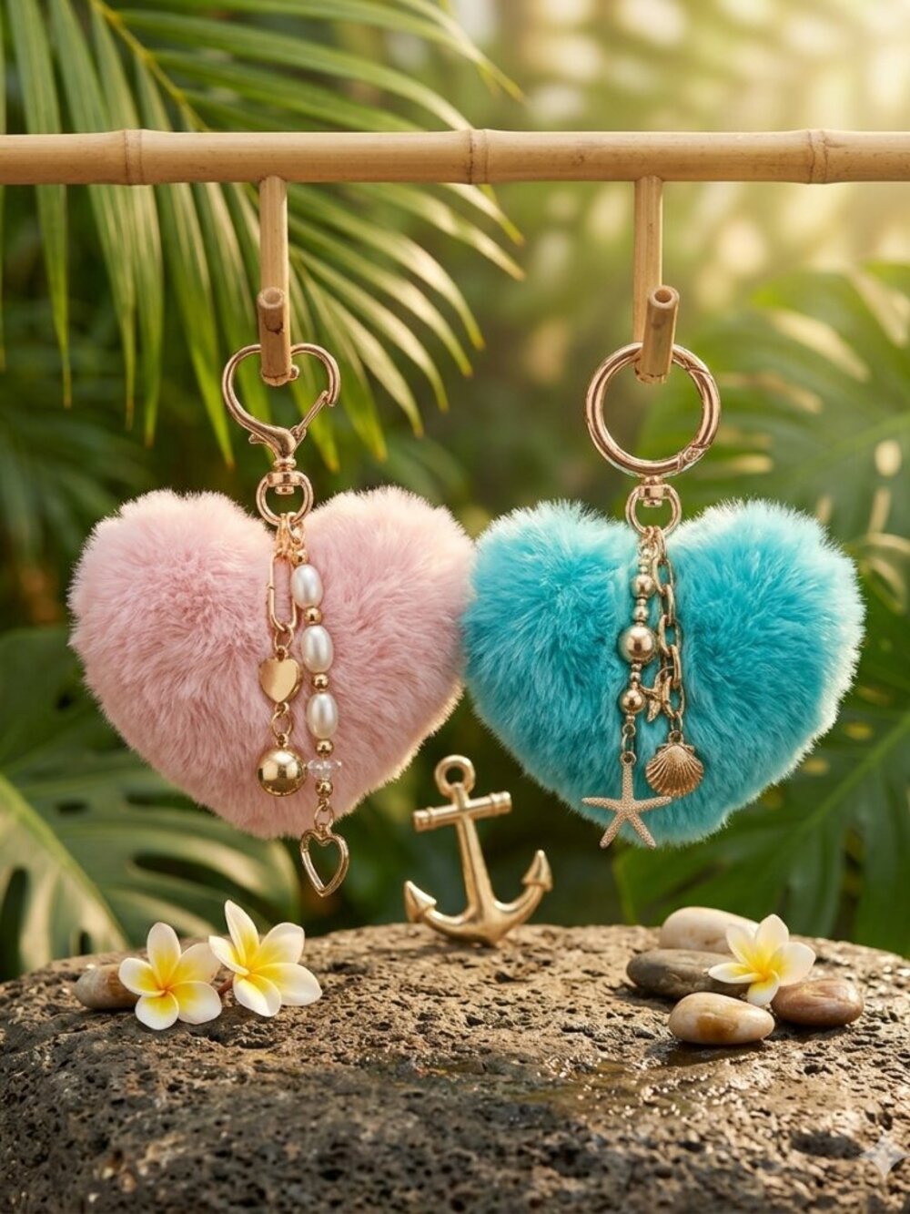 Fluffy Tropical Heart Keychain / Bag Charm